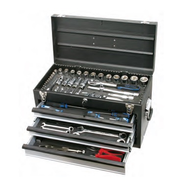 1/4" + 1/2" CHROME + TOOL SET 99PCS, IN BLACK METAL-TOOL-CHEST (3 DRAWERS)