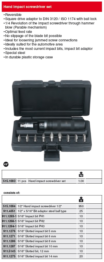 HAND IMPACT SCREWDRIVER SET, 11PCS, 1/2 KS Tools:515.1003 -YesMan Trading  Co., Ltd. / YESMAN Tools,yes man tools,KS Tools,kstools