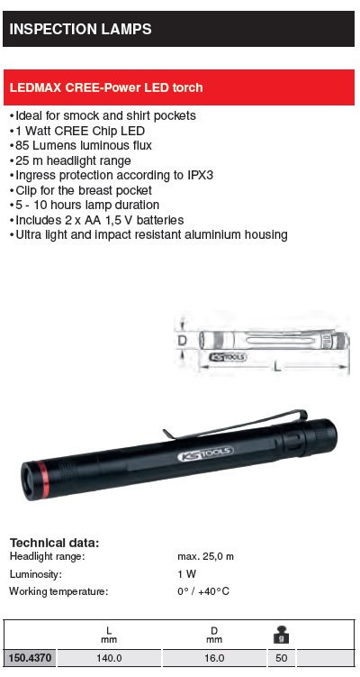 Lampe torche stylo LEDMAX 1 Watt L 140 mm KSTOOLS