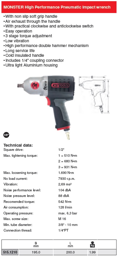 KS Tools SLIMPOWER II High Performance Compressed Air Impact Wrench 1300Nm Extra Short 